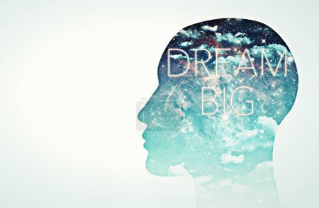 Photo for Double exposure, mind and dream with a universe in the head of a silhouette for fantasy as a digital illustration. Star galaxy, light and overlay as a symbol of mental awareness or free thinking. - Royalty Free Image