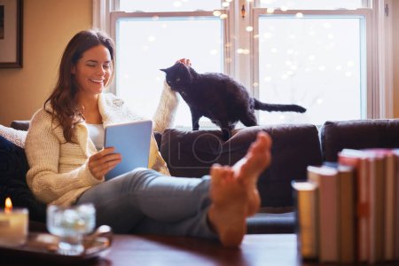 Foto de Terminando con un poco de entretenimiento inalámbrico. una joven atractiva usando una tableta digital en el sofá y acariciando cariñosamente a su gato - Imagen libre de derechos