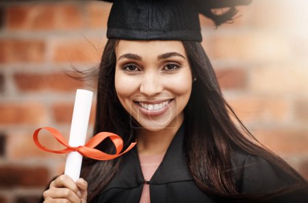 Photo for Student graduation, diploma and portrait of a woman with college degree and happiness outdoor. Face of female person excited to celebrate university achievement, education success and graduate future. - Royalty Free Image