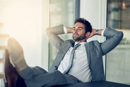 Photo for Relax, stretching and businessman with hands behind his head after finished project in the office. Rest, calm and happy professional male employee on a break with a success task in the workplace - Royalty Free Image