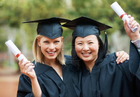 Photo for Graduation, girl friends portrait and study diploma of students with happy face outdoor. Celebrating, female student and campus graduate with happiness and college achievement with diversity and toga. - Royalty Free Image