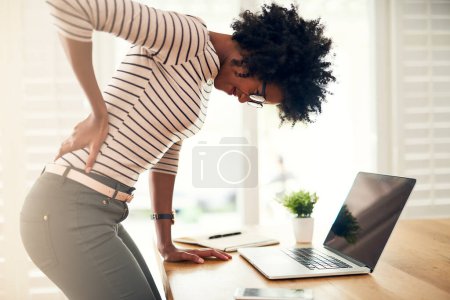 Photo for Business, laptop and woman with back pain, burnout and health issue with injury, accident and inflammation. Female person, employee or entrepreneur with pc, technology and medical problem with strain. - Royalty Free Image