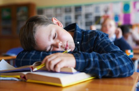 Téléchargez les photos : Je n'ai pas bien dormi hier soir. un jeune garçon endormi sur ses manuels scolaires dans sa classe à l'école pendant la journée - en image libre de droit