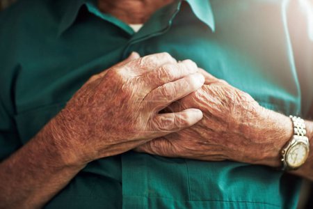 Photo for Elderly man, hands on chest and heart attack, sick or medical emergency. Pain, cardiology and senior male person with cardiac arrest, heartburn or stroke, breathing problem or retirement health risk - Royalty Free Image