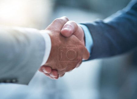 Photo for Business people, deal and handshake by men for b2b partnership, welcome and hiring success. Thank you, shaking hands and person team in recruitment agreement, promotion or onboarding negotiation. - Royalty Free Image