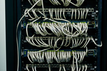 Photo for Server room, empty or cables for internet connection, cloud computing network or cyber security hardware. Wires background, information technology support or cord on machine equipment in data center. - Royalty Free Image