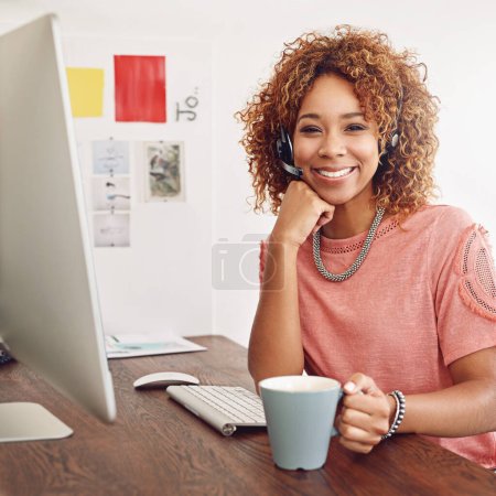 Photo for Call center, happy woman and portrait for customer service, computer and coffee break in office. African telemarketing consultant, desktop and contact us for crm questions, sales and telecom advice. - Royalty Free Image