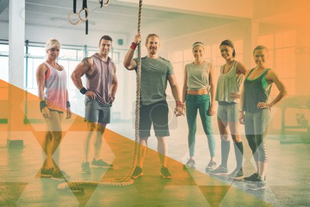 Photo for Group fitness, people and portrait at gym for exercise, workout and rope training. Personal trainer with happy men and women for power challenge, commitment or strong muscle at a club with a overlay. - Royalty Free Image