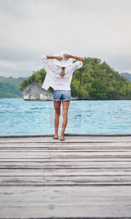 Foto de Isla tropical, océano y mujer en cubierta para vacaciones, vacaciones de verano y escapada de fin de semana en Maldivas. Viajar, relajarse y espalda de una persona femenina en un resort de lujo para el turismo, la felicidad y la aventura. - Imagen libre de derechos