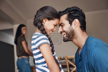 Photo for Happy, bonding and father and child with care, love and content together for happiness. Smile, family and a dad with a girl kid and affection, quality time or laughing on fathers day at home. - Royalty Free Image