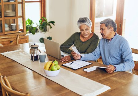 Finance, laptop and senior couple with bills, paperwork and receipt documents for life insurance. Retirement, fintech and elderly man and woman on computer for mortgage payment, investment and budget.