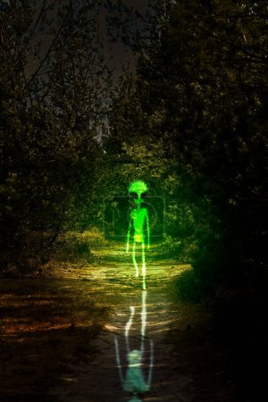 Photo for Alien, night and creature walking for horror, fantasy or graphic design in nature, forest or planet earth of green glow. Science fiction, silhouette or scary extraterrestrial in dark or outdoor woods. - Royalty Free Image