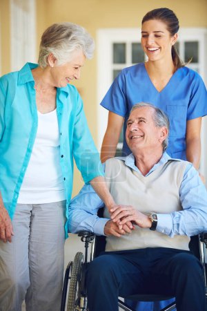 Photo for Wife, nurse laughing or old man in wheelchair in hospital clinic helping an elderly patient for support. Funny, happy or healthcare nurse with senior person with a disability and woman holding hands. - Royalty Free Image