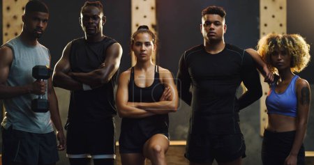Photo for Fitness, gym and portrait of men and woman ready for exercise, training and workout class. Sports club, body builder and group of people in class with motivation for challenge, wellness and teamwork. - Royalty Free Image