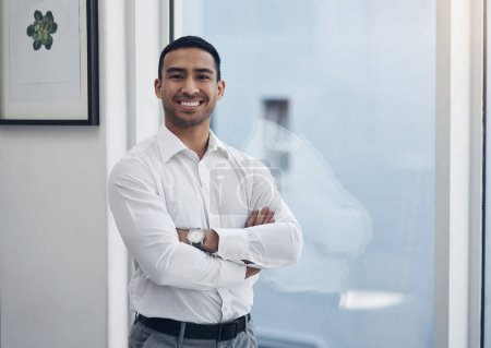 Photo for Portrait, business and man with arms crossed, window and employee with confidence, startup success and career. Male person, happy agent or entrepreneur in a modern office, professional and happiness. - Royalty Free Image