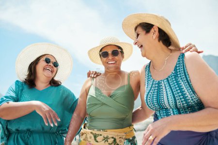 Photo for Happy, friends and senior women on a vacation, adventure or weekend trip together in paradise. Travel, fun and group of elderly females laughing, talking and bonding on a retirement tropical holiday - Royalty Free Image