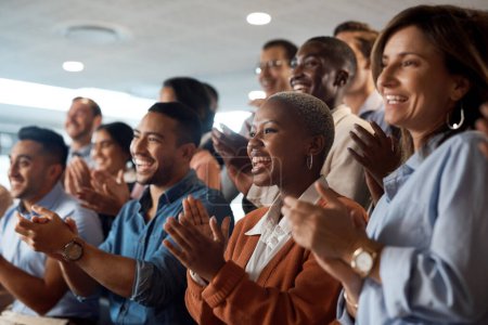 Photo for Applause, support and motivation with a business team clapping as an audience at a conference or seminar. Meeting, wow and award with a group of colleagues or employees cheering on an achievement. - Royalty Free Image