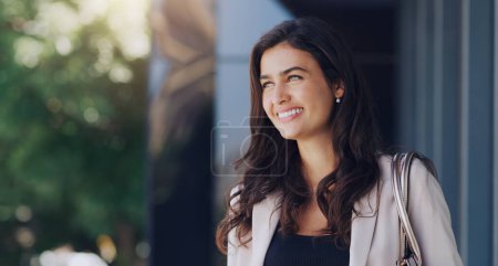 Photo for Happy, thinking and business woman in city for morning, professional and happiness. Idea, modern and natural with face of female employee in urban outdoor for motivation, confident and pride. - Royalty Free Image