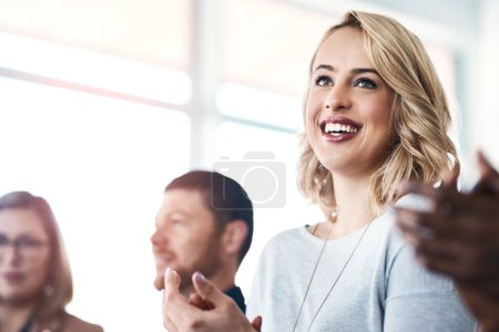 Photo for Applause, support and seminar with business woman for success, teamwork and event celebration. Wow, winner and target with audience clapping in conference meeting for goal, motivation and agreement. - Royalty Free Image