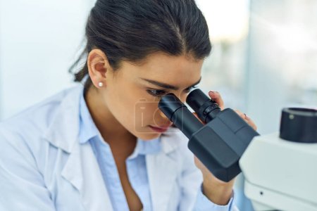 Photo for Research, woman and scientist with microscope in lab for medical study. Healthcare, science and female doctor with scope equipment for sample analysis, particle testing and laboratory experiment - Royalty Free Image
