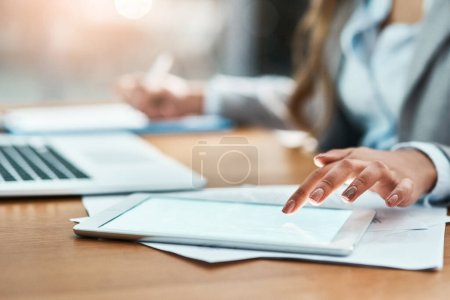 Photo for Tablet, screen and business woman hands for market research, writing and planning at office desk. Typing, search and professional person with digital technology and notes for internet data and mockup. - Royalty Free Image