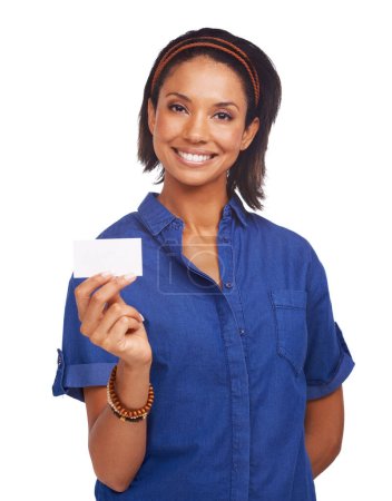 Photo for Holding up your copyspace. An african-american woman showing you a blank card while isolated on a white background - Royalty Free Image