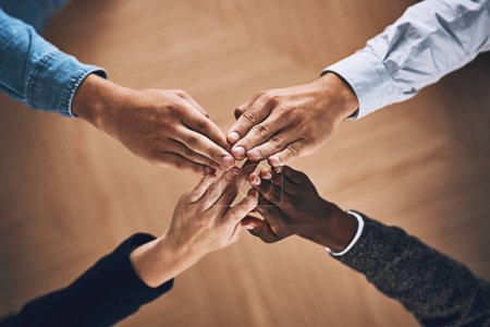 Photo for Startup, high five or hands of business people winning with support for hope, motivation or planning in office. Link, winners or above of employees in collaboration with teamwork or mission together. - Royalty Free Image