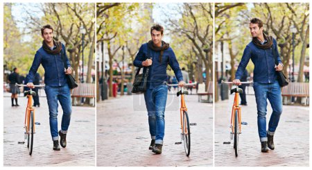 Téléchargez les photos : Choisissez votre rythme. Image composite de beau jeune homme avec son vélo dans la ville - en image libre de droit