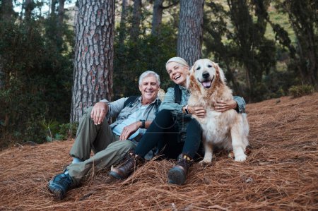 Photo for Smile, hiking and old couple with dog sitting on forest floor in Australia on retirement holiday adventure. Travel, senior man and woman relax together on nature walk with love, Labrador and health - Royalty Free Image
