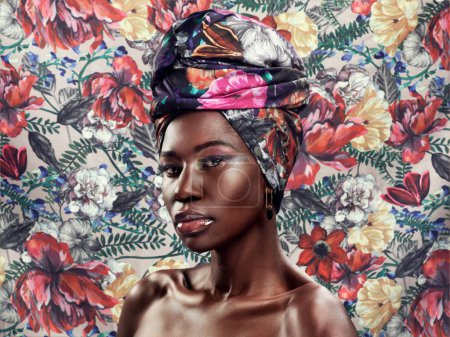 Photo for Portrait, flowers and black woman with head wrap, beauty and confident girl against a floral background. Face, female person or model with fashion, glamour and elegant with stylish turban and culture. - Royalty Free Image