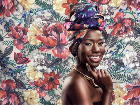 Photo for Makeup, fashion and portrait of black woman on flower background with glamour, cosmetics and fashion. Floral pattern, happy and face of female person in exotic jewelry, African style and head scarf. - Royalty Free Image
