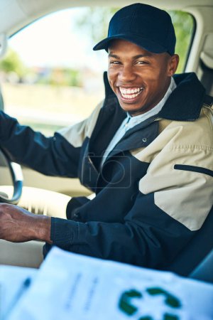 Photo for Delivery, courier driver and portrait of black man for distribution, shipping logistics and transport. Ecommerce, supply chain and happy male worker in car or van to deliver package, order and parcel. - Royalty Free Image