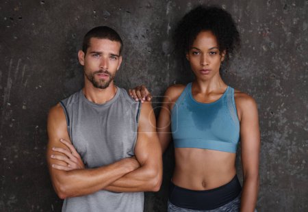 Photo for Fitness, wall background and portrait of man and woman for cardio workout, body builder training and exercise. Sports, focus and couple sweat after running for endurance, wellness and energy outdoors. - Royalty Free Image