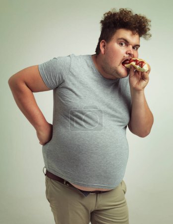 Foto de El Sr. Perro Caliente conoce mi estómago. Captura de estudio de un hombre con sobrepeso comiendo un perrito caliente - Imagen libre de derechos