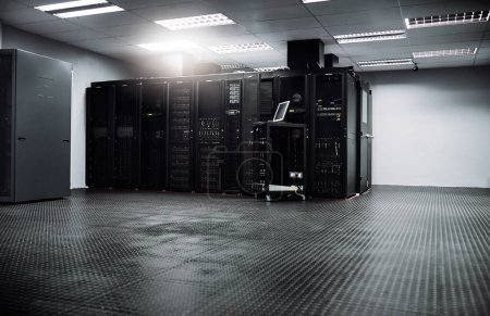 Photo for Control room, empty or hardware for internet connection, computing network or cyber security system. IT support background, information technology electronics or machine equipment in data center. - Royalty Free Image