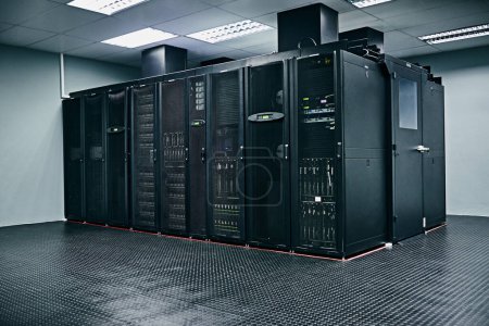 Server room, empty or hardware electronics for internet connection, admin servers or cyber security system. IT support background, information technology electronics or modern machine in data center.