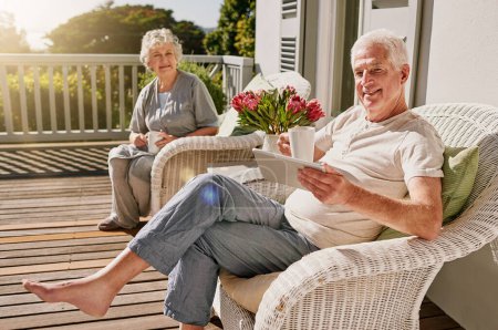 Photo for Morning, patio and portrait of senior couple with coffee enjoying bonding, quality time and relax on deck. Love, retirement and elderly man and woman smile with drink for breakfast outdoors at home. - Royalty Free Image