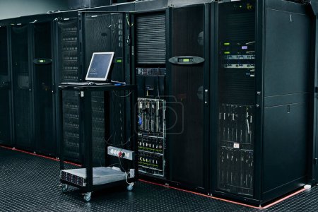 Photo for Server room, empty or laptop for internet connection, cloud computing network or cyber security hardware. IT support background, information technology or cord on machine equipment in a data center. - Royalty Free Image