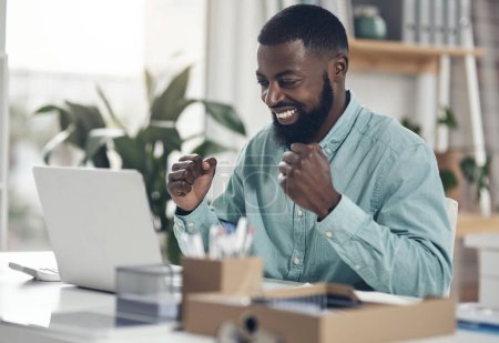 Photo for Success, black man and laptop to celebrate business profit, win or achievement in an office. African male entrepreneur at a desk with motivation, fist and technology for bonus, victory or promotion. - Royalty Free Image