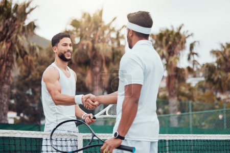 Photo for Man, tennis and handshake for partnership, game or match in competition together on the court. Men or friends shaking hands for sports training, teamwork or support in friendship, deal or agreement. - Royalty Free Image