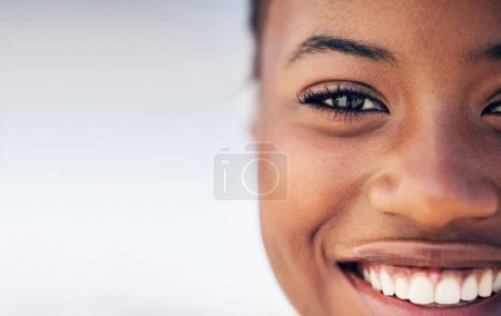 Photo for Closeup, portrait and black woman with a smile, mockup and happiness with joy, cheerful and skincare. Face, female person and model with wellness, freedom and carefree with teeth, beauty and mouth. - Royalty Free Image
