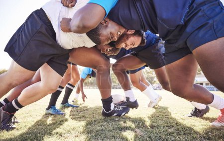 Photo for Sports, rugby and men in scrum on field for match, practice and game in tournament or competition. Fitness, teamwork and below of players tackle for exercise, training and performance to win ball. - Royalty Free Image