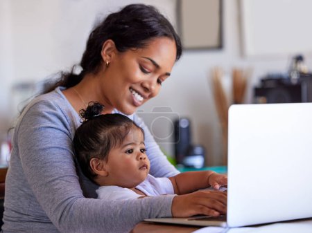 Photo for Laptop, baby and work from home mom typing, child care and planning business, job and family support or parent multitask. Computer of happy woman, busy mother or freelance person for career and child. - Royalty Free Image