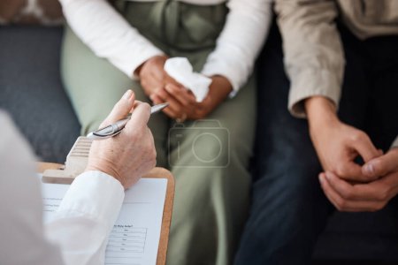 Photo for Hands of couple, therapist with pen and counselling for support, advice and help in relationship together. Closeup of hand of man, woman and psychologist, communication and healing marriage therapy - Royalty Free Image