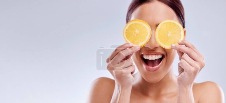 Photo for Skincare, mockup or happy woman with orange as natural facial with citrus or vitamin c for wellness. Studio background, smile or healthy girl model smiling with organic fruits for dermatology beauty. - Royalty Free Image