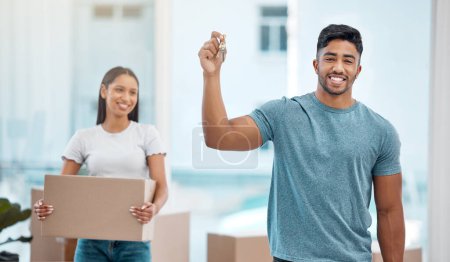 Photo for Box, key and portrait of couple in new house excited for property, apartment and real estate investment. Relationship, moving day and man and woman with keys carry boxes for relocation, move and home. - Royalty Free Image