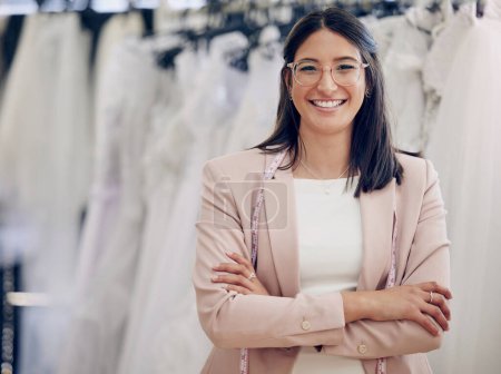 Photo for Arms crossed, fashion and designer with portrait of woman in bridal store for wedding dress, creative and boutique. Small business, retail and tailor with female employee for clothes and workshop. - Royalty Free Image