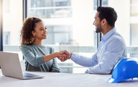 Photo for Engineering, handshake and woman with partner for construction planning, thank you and success or deal in office. B2b, onboarding and architecture meeting of contractor or happy people shaking hands. - Royalty Free Image
