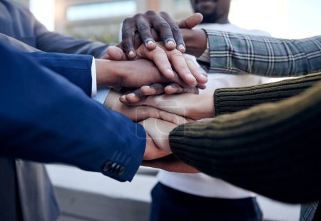 Photo for People, hands and team together in celebration, collaboration and solidarity in business. Hand, group and support in company, community or celebrate success in professional unity, staff or workforce. - Royalty Free Image