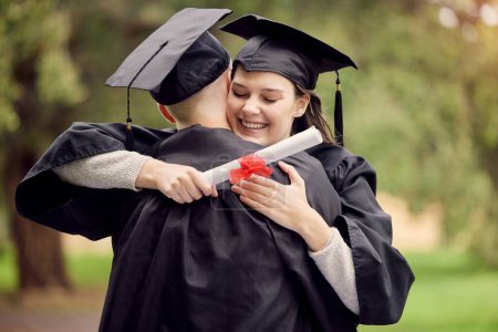 Photo for Graduation, certificate and friends hugging outdoor on university campus at a celebration event. Education, success and hug with happy scholarship students cheering together as college graduates. - Royalty Free Image